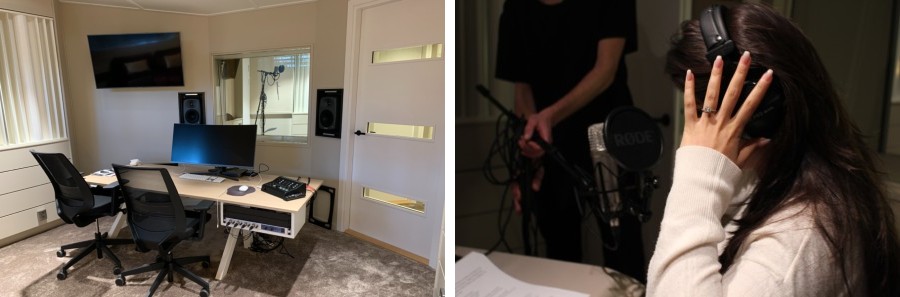 kollage bild på vår ljudstudio i Stockholm och bild på kvinnlig röstskådespelare